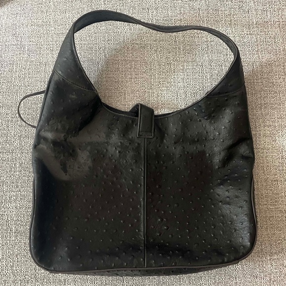 GILI Hobo Style Handbag Black Leather Ostrich Embossed Shoulder Bag Purse - Picture 6 of 10